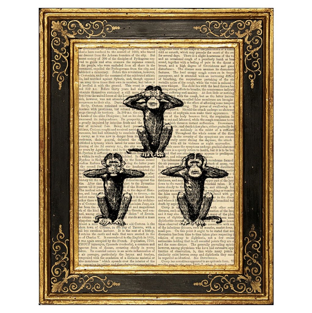 Amazon.com: Three Wise Monkeys Upcycled Vintage Book Page Art